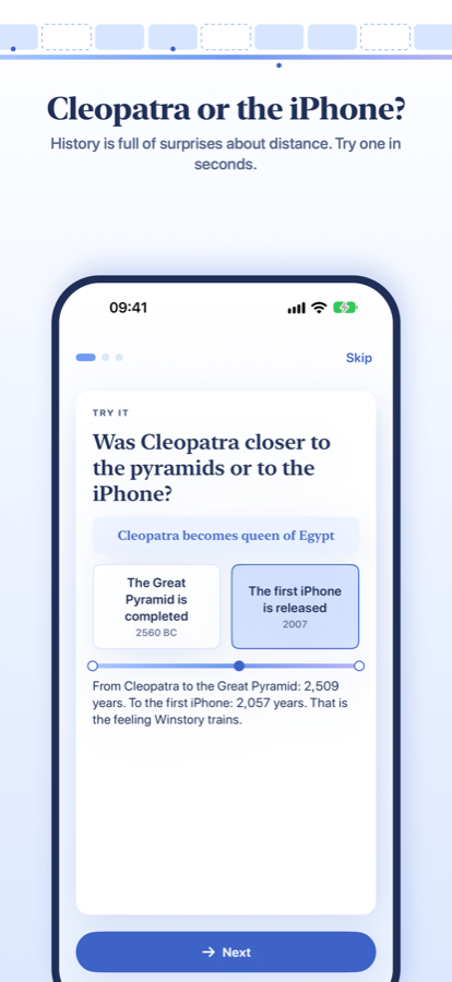 The welcome card asking whether Cleopatra was closer to the pyramids or to the iPhone